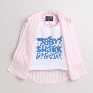 Polka Tots Full Sleeve Shirt With Attached Tshirt Baby Shark Print - Pink